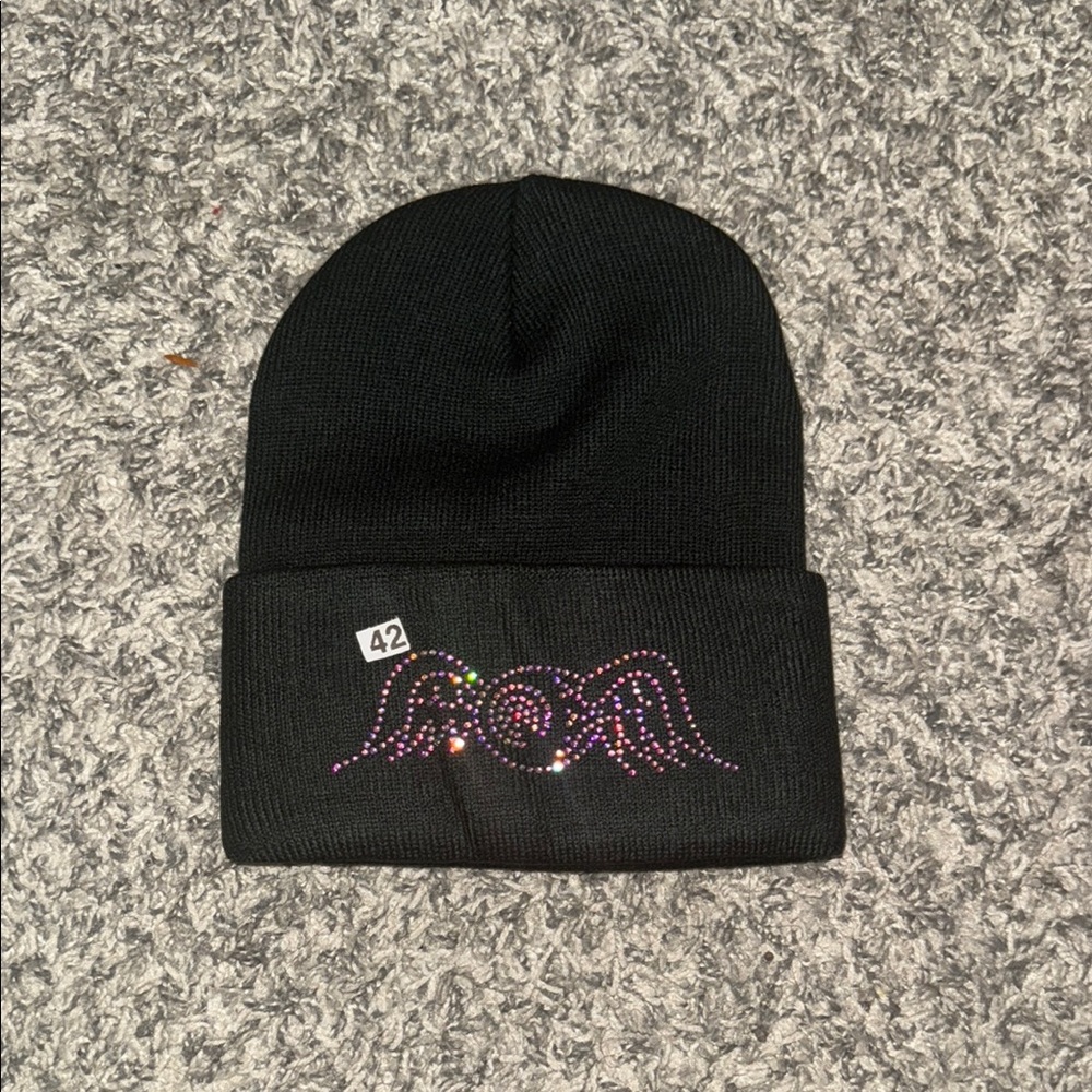 True religion Black Beanie with Rhinestone Design